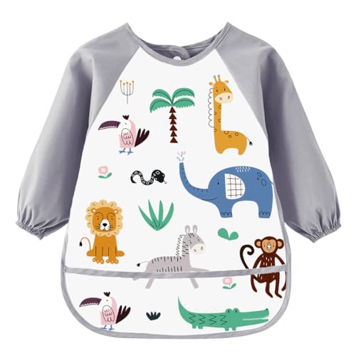 Avental infantil impermeável 3-8 anos, meninos e meninas, roupão de pintura infantil com 3 bolsos e mangas compridas, baby escolares para pintura, artes, escola, tema unicórnio dinossauro e animal