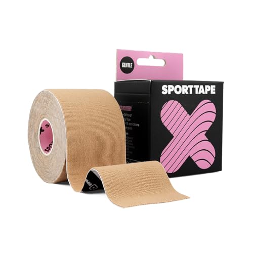 SPORTTAPE Cinta Kinesiológica Adhesión Suave 5 cm x 5 m Beige – Cinta Deportiva Hipoalergénica y Resistente al Agua para Piel Sensible, Soporte Muscular, Facial y Chest Binding FTM