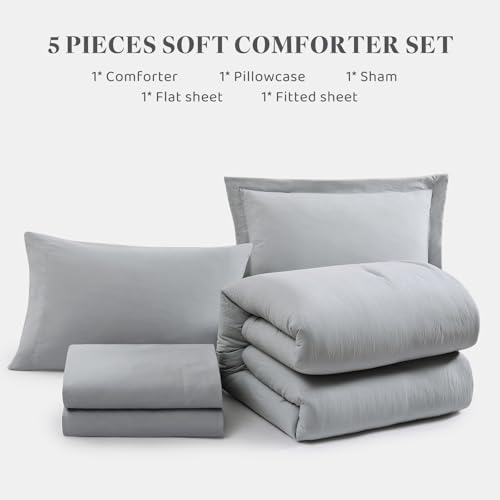 Image of Twin XL Comforter Set- 5 Pieces Prewashed Bed in a Bag Twin Bedding Sets | Soft All Season Comforter with Sheets, Pillow Sham & Pillowcase, Light Grey