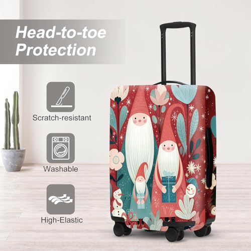 Image of Gnome Luggage Cover - Red Background with Santa's Helpers, Trees and Snowmen, Elastic Holiday Travel Case for 28 30 Inch Bag