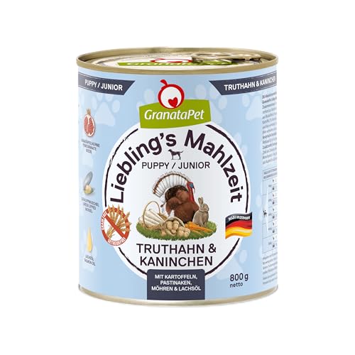 Dehner Best Nature Hundefutter Junior, Pute und Kalb mit Vollkornnudeln, 6 x 400 g (2.4 kg) 2 GranataPet Liebling's Mahlzeit Truthahn & Kaninchen Junior, Nassfutter für Hunde, Hundefutter ohne Getreide & ohne Zuckerzusätze, Alleinfuttermittel, 6 x 800 g