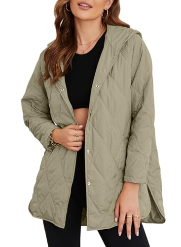 EVALESS Puffer Jacket for Women Lightweight Diamond Quilted Jackets Long Winter Coats Fashion 2025 Hooded Long Sleeve Button Down Clothes Green Jacket for Women Casual with Pockets, Large