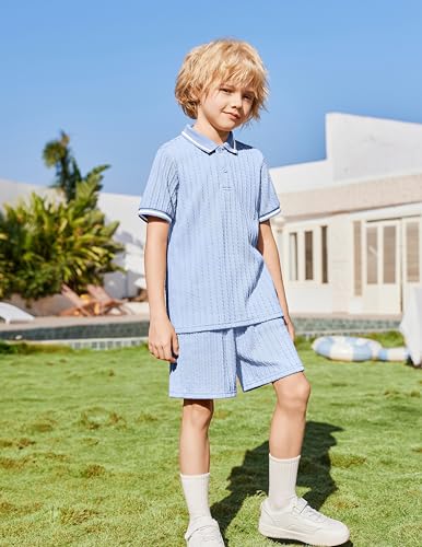 Image of Arshiner Boys 2 Piece Outfits Button Polo Shirt & Elastic Shorts 4-13 Years