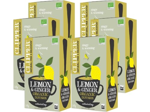 Image of Clipper Organic Lemon & Ginger Infusion 20 Tea Bags (Pack of 6), Naturally Caffeine Free Herbal Tea with Lemongrass, Ginger & Lemon, Plastic-Free Tea Bags, from SuperfoodUK