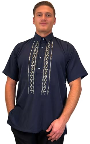 Navy Short Sleeve Cotton Polo Barong Tagalog Order US Size - Main Image