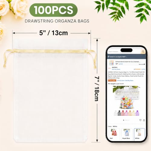 Image of ANZNKU 100 Pack Organza Bags 5 x 7 in White Small Mesh Gift Bags with Gold Drawstring for Wedding Little Goodie Bag for Candy Jewelry Soap Makeup, Treat Sachetfor Baby Shower Graduation
