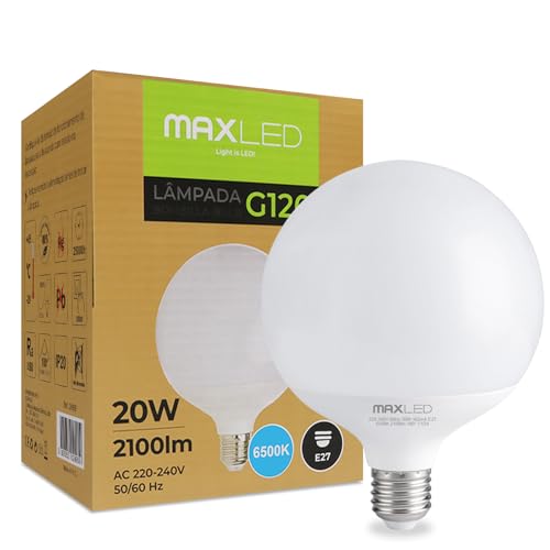 Maxled, Light is Led! 1x G120 Bombillas LED E27 20W Equivalente a 160W Globo Lámpara Luz Blanca Fría 6500K 2100LM Ahorradora Apertura Haz Luz 180° AC 230V Muy Luminosa Iluminación Casas No Regulable
