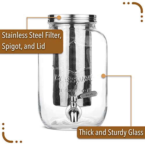 BTaT- 1 Gallon Cold Brew Coffee Maker, Thick Glass Pitcher with Stainless Steel Filter, Lid & Spigot, Iced Coffee & Sun Tea Brewer, Large Mason Jar Cold Brew Container, Fast Iced Tea Maker for Fridge by Brew To A Tea - Image 2