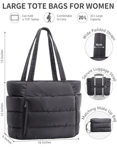 Image of Bagstellar Puffer Tote Bag for Women, Lightweight Puffy Work Handbag Teacher Nurse Quilted Shoulder Bag for School Travel Gym | Cloud Bag w / Zipper