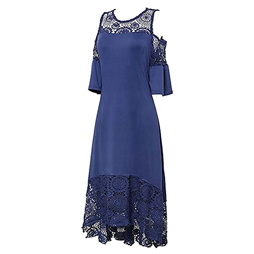 Plus Size Dress for Women,Floral Lace Cold Shoulder Spaghetti Strap Long Maxi Dress Elegant High Waist A-Line Swing Flowy Loose Fitting Mother of The Bride Dress(D Blue,3X-Large)