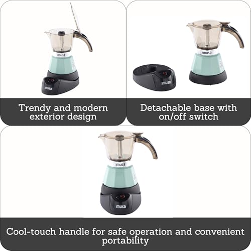 Image of IMUSA 3 or 2 Cup Electric Mint Espresso Maker, Compact Moka Coffee Machine with Keep Warm Function, Detachable Base, Cuban & Italian Coffee Brewer, Mint & Black