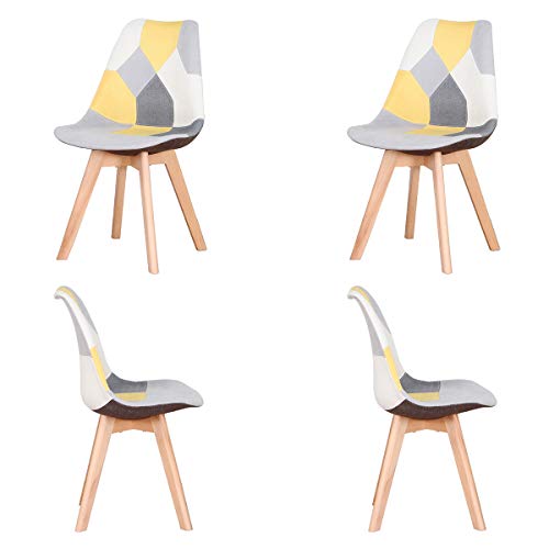 Juego de 4 sillas de comedor de lino amarillo con patas de madera, elegantes sillas de oficina para el hogar, sala de estar y muebles de cocina