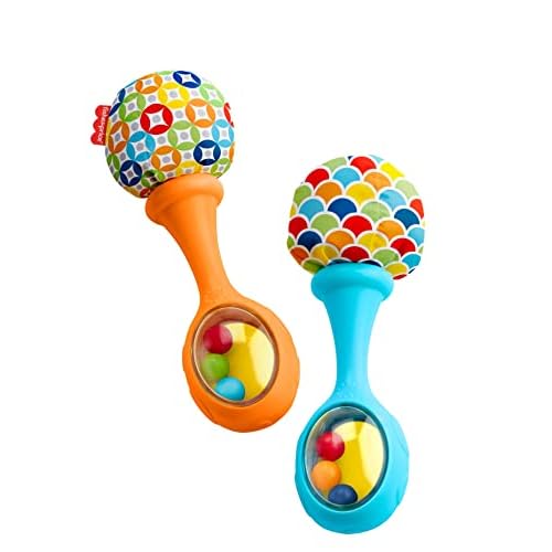 Fisher-Price Newborn Toys Rattle ‘n Rock Maracas, Set of 2 Soft Musical Instruments for Babies 3+ Months, Blue & Orange