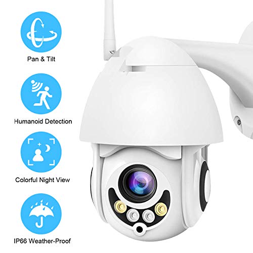 PTZ Camara Vigilancia, Camara WiFi Exterior Impermeable IP66 con Audio de Dos Vías, Visión Nocturna, Detección de Movimiento, Notificación de Alarma, 320° Pan/110° Tilt
