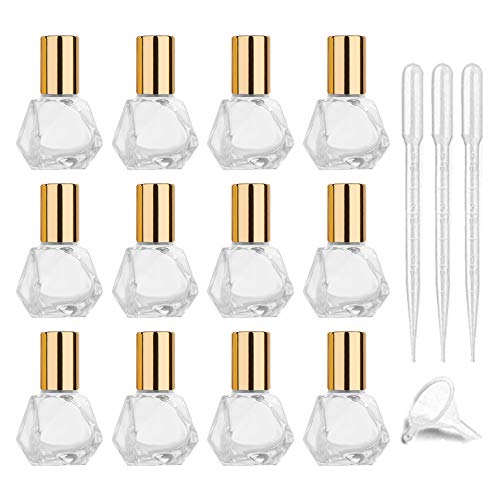 12 Pack 8ml Diamond shaped Roller Bottle,Empty Refillable Glass Roll On Bottle For Essential Oils,Parfum Cosmetic Containers With Stainless Steel Roller Balls Golden Lid-Travel Sample Vials