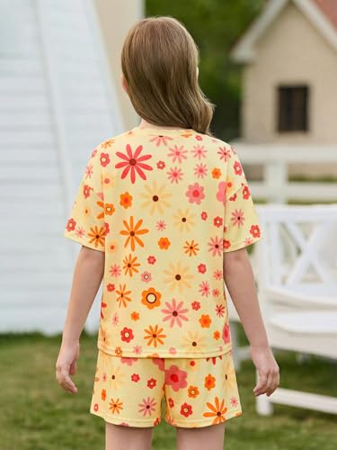 Image of Haloumoning Girls Summer 2 Piece Outfits Kids Oversized T Shirts and Shorts Clothing Sets 5-14 Years