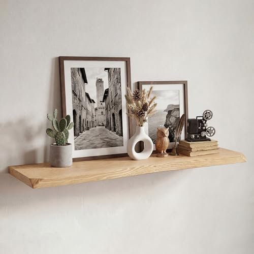 Image of 48 Inch Floating Shelves for Wall Decor, 88lbs Solid Spruce Wood Live Edge Floating Shelves, 8 inch Deep Rustic Wall Shelf for Bathroom Kitchen Bedroom Living Room, Invisible Bracket, Natural(Set of 1)