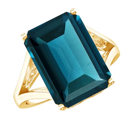 Rosec Jewels Certified 8 Carat Lab Grown London Blue Topaz Emerald Cut Engagement Ring in Silver Aaaa Quality November Birthstone Ring 14K Yellow Gold Plated Silver Size:US 7.00