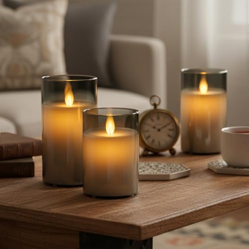 Image of LTETTES Real Wax LED Glass Pillar Flameless Rechargeable Candles | Grey Glass | USB Type-C Charging Cable | Remote Control Included | Home Decor & Gifting | Set of 3 (H-4 inch,5 inch,6 inch x D-3 inch)