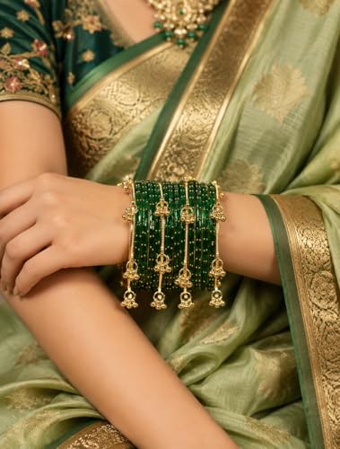 Image of JPS 16 Pcs Trendy Stylish Glass & Kashmiri Ghungroo Bangles Set for Women & Girls | Gold-Plated Traditional Festive Wedding Party Jewellery Chudi Set (12 Glass + 4 Metal)
