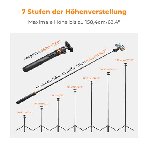 K&F CONCEPT Aluminium Selfie Stick,158CM Handy Stativ für Smartphone – Ansicht 2