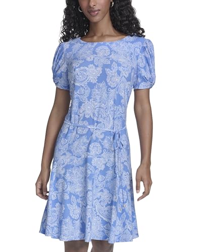 Image of Tommy Hilfiger Women's Puff Sleeve Crew Neck Jersey Shift Mini Dress