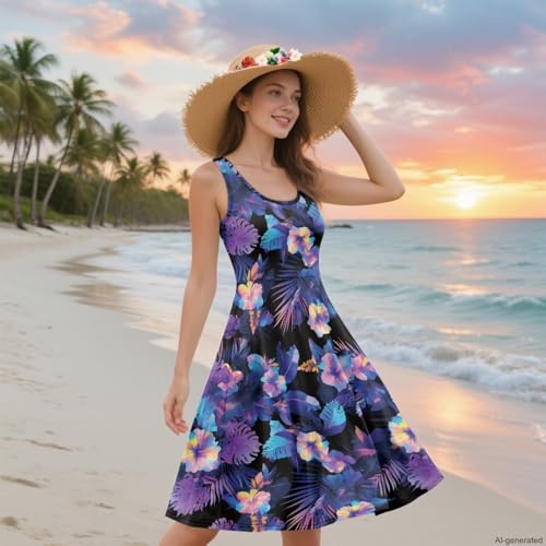 Image of TOADDITDO Women's Sleeveless O Neck Beach A-Line Party Coctail Tank Dresses Flared Sundress
