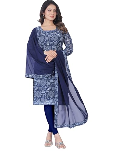 Image of Women's Printed Kurti with Georgette Dupatta, Full Inner Lining, Lightweight Ethnic Set