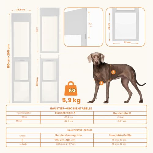 Hundetür für Glasschiebetür mit Schloss Hundetüren 45 x 32cm Aluminium Haustiertür für Katzen und Hunde Verstellbare Höhe 190-205cm Hundetür für Schiebetüren
