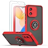 QUIETIP Case Compatible Honor X5 with Screen Protector,TPU + Hard PC Shockproof Magnetic Ring Car Mount Holder Bumper Cover,Red