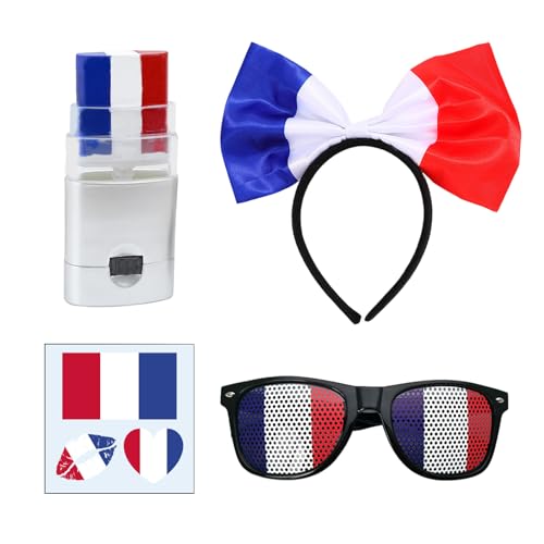 Kit Supporter France Femme 4 Pièces Accessoires Bleu Blanc Rouge Bandeau Noeud Lunettes Drapeau Maquillage Stickers Visage Set Fan Football Coupe Match Fête Nationale Carnaval