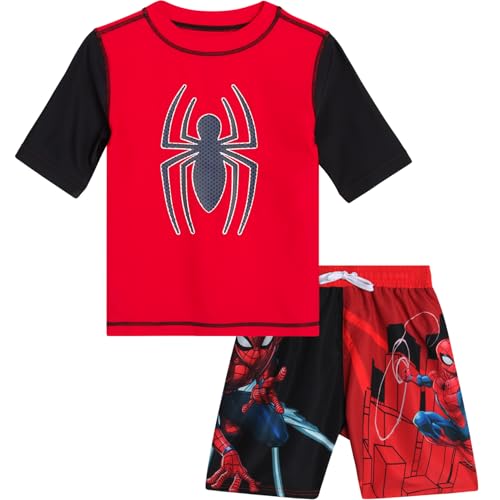 Image of Marvel Boys Rash Guard Set 2 Piece Hulk Spiderman Swim Shirt & Swim Trunks