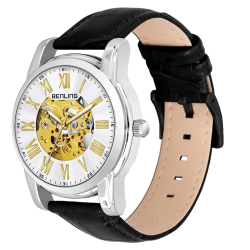 Image of Benling Skeleton Analog Automatic Watch for Men, Mechanical Movement, Leather Strap, Formal Casual Party Official Purpose