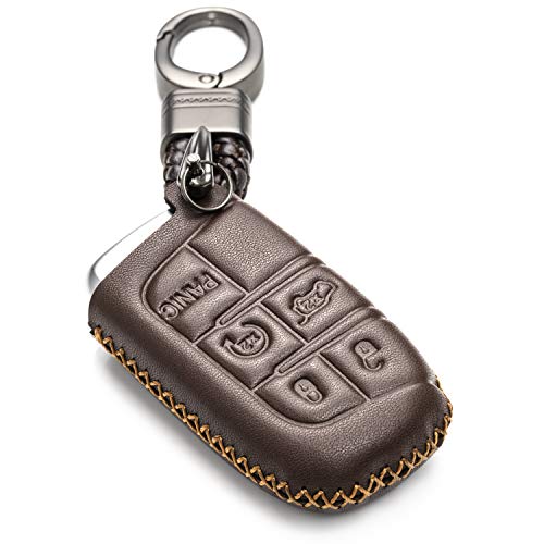 Vitodeco Genuine Leather Smart Key Keyless Remote Entry Fob Case Cover with Key Chain for Jeep, Dodge, Chrysler (5 Buttons, Brown)