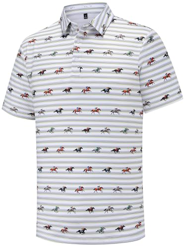 Mens Golf Polo Shirts Horse Racing Derby Print Funny Golf Shirts for Men Dry Fit Moisture Wicking Short Sleeve Performance Polo