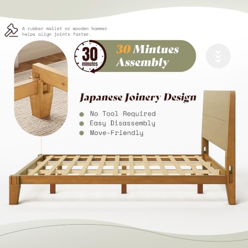 Image of AMERLIFE Solid Wood King Bed Frame with Headboard, Japanese Joinery, Brown