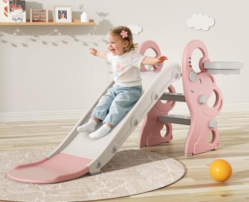 Babytronic Tobogán para niños pequeños, juego para interiores y exteriores con aro de baloncesto y lanzamiento de anillos, tobogán plegable de plástico para bebé, tobogán escalador para parque