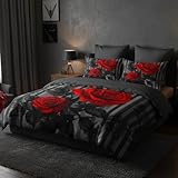 CCoutueChen Grey Stripe Comforter Black Red Roses Bedding Set Queen Size for Women Romantic Botanical Leaves Quilted Comforter for Bedroom Decor - 3Piece Soft Fluffy Microfiber with 2 Pillowcases