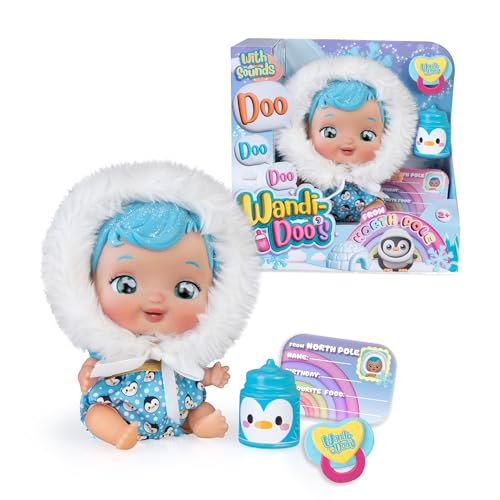 WANDI-DOO'S from North Pole, Muñeca Bebé Esquimal del Polo Norte, Habla con el Lenguaje Universal de los Bebés, Doo Doo Doo, Vestida de Esquimal con 2 Accesorios, Biberón y Chupete, Famosa (WAD00000)