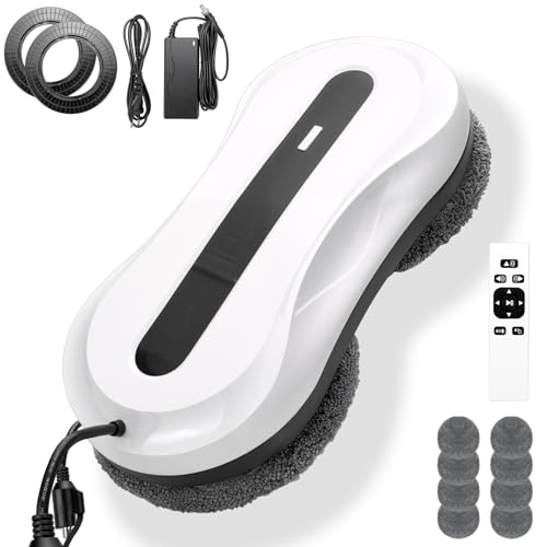 Robot Lavavetri Finestre,5600Pa Lavavetri Automatico Con Doppio Getto D'acqua, 3 Modalità Pulizia, Navigazione Intelligente, Rilevamento Intelligente dei Bordi, Telecomando e 8 Panni per Finestre Inte