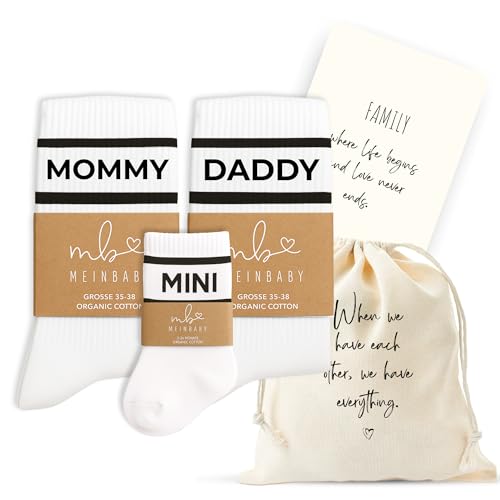 MeinBaby123 Geschenkset Schwangerschaft & Geburt | Familiensocken Mama Papa Baby | Geschenk frischgebackene Eltern