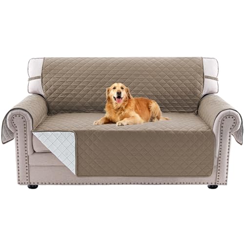 PrinceDeco Reversible Couch Cover for 2 Cushion Couch, Soft Loveseat Sofa Cover Washable,Small Check Pattern Furniture Cover with Elastic Straps for Dogs, Kids, Pets(XL Loveseat 54", Taupe/Beige)