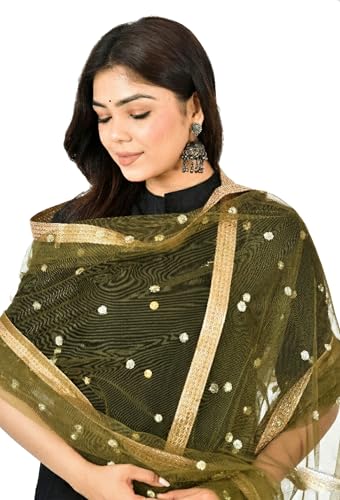 Image of YOUTHQUAKE Women's Net Embroidered Full Size Dupatta With 4 Side Golden Lace