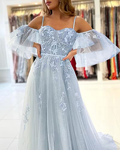 Off Shoulder Tulle Prom Dresses For Teens Lace Appliques Formal Dresses A Line Formal Evening Party Dress Royal Blue Size 6 #TOP3