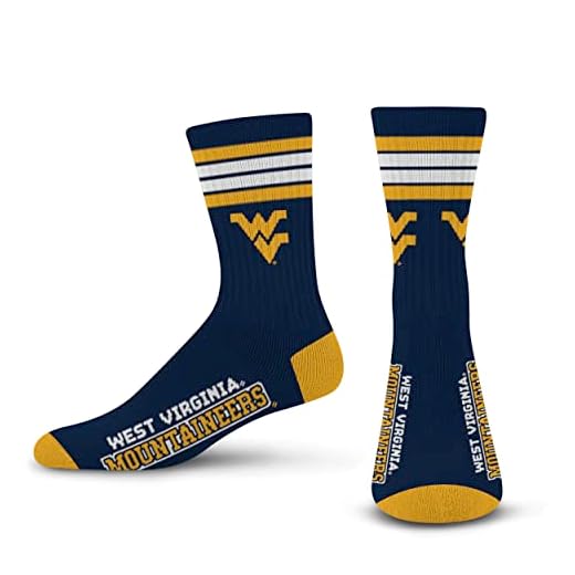 For Bare Feet Mens NCAA 4 Stripe Deuce Crew Socks, West Virginia Mountaineers, Medium (5-10)