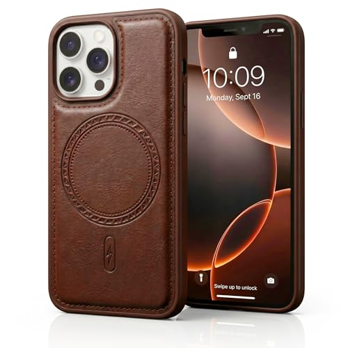 Image of amazon basics Premium PU Leather Case for iPhone 15 Pro Max, MagSafe Compatible Magnetic Ring, Sleek Protective Back Cover - [Brown]