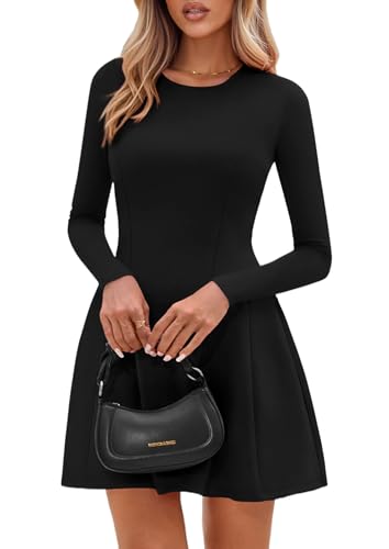 PRETTYGARDEN Long Sleeve Mini Dress for Women 2025 Fall Crewneck Knit Pleated Babydoll A Line Soft Casual Short Party Dresses2