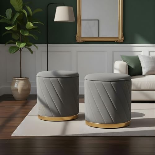 Image of Premium Velvet Ottoman Stool | Modern Round Pouffe with Gold Base | Multipurpose Seating | Living Room & Bedroom Decor (Grey Set of 2)