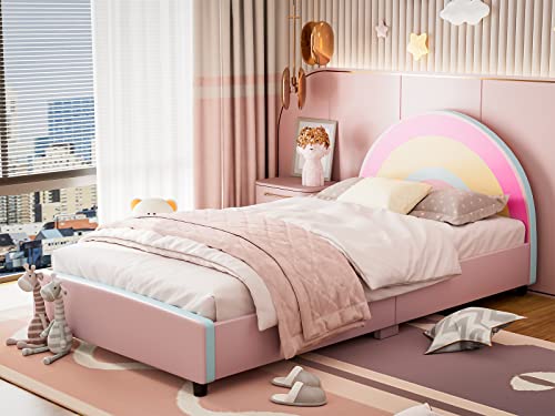 JOINATRE Pink Kids Bed Frame for Girls - Twin Platform Bed With Rainbow Headboard, Cute Princess Upholstered Design, Solid Wood Slats, No Box Spring Needed