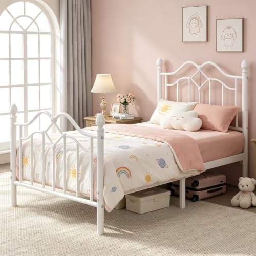 Image of LoVinson Twin Size Bed Frame with Victorian Headboard & Footboard, White